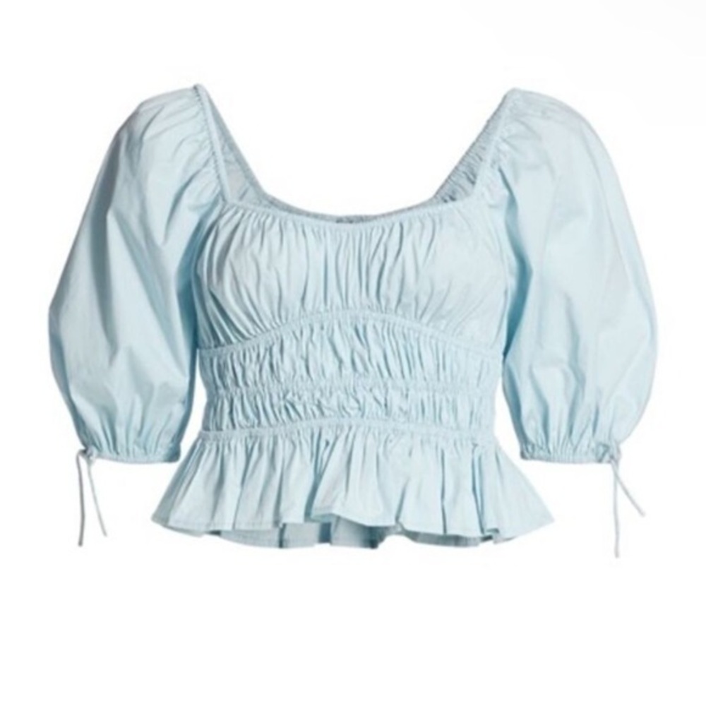 STAUD Cotton Blend Pastel Blue Smocked Puff Tie Sleeve Ruffle Faye Crop Top